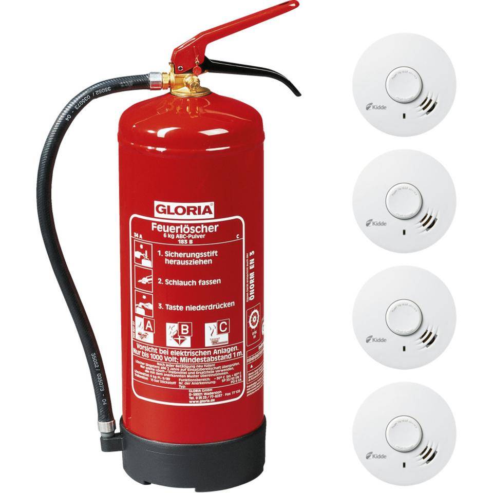 Vorteils-Set Feuerlöscher und CO2-Rauchmelder, 1 Pulverlöscher, 4 Rauchmelder