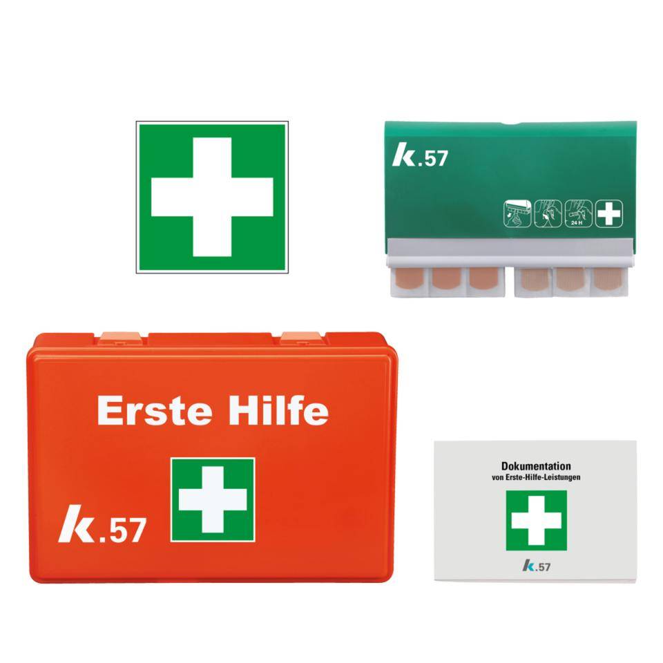 K.57 Vorteils-Set Erste-Hilfe-Kasten Compact, Pflastespender, Verbandblock, Rettungszeichen