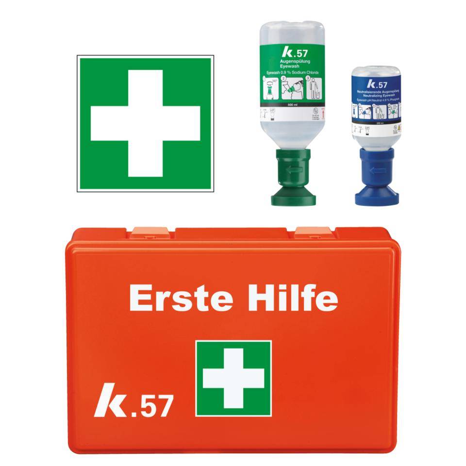 K.57 Vorteils-Set Erste-Hilfe-Kasten Compact, Augenspülung/-flasche, Rettungszeichen