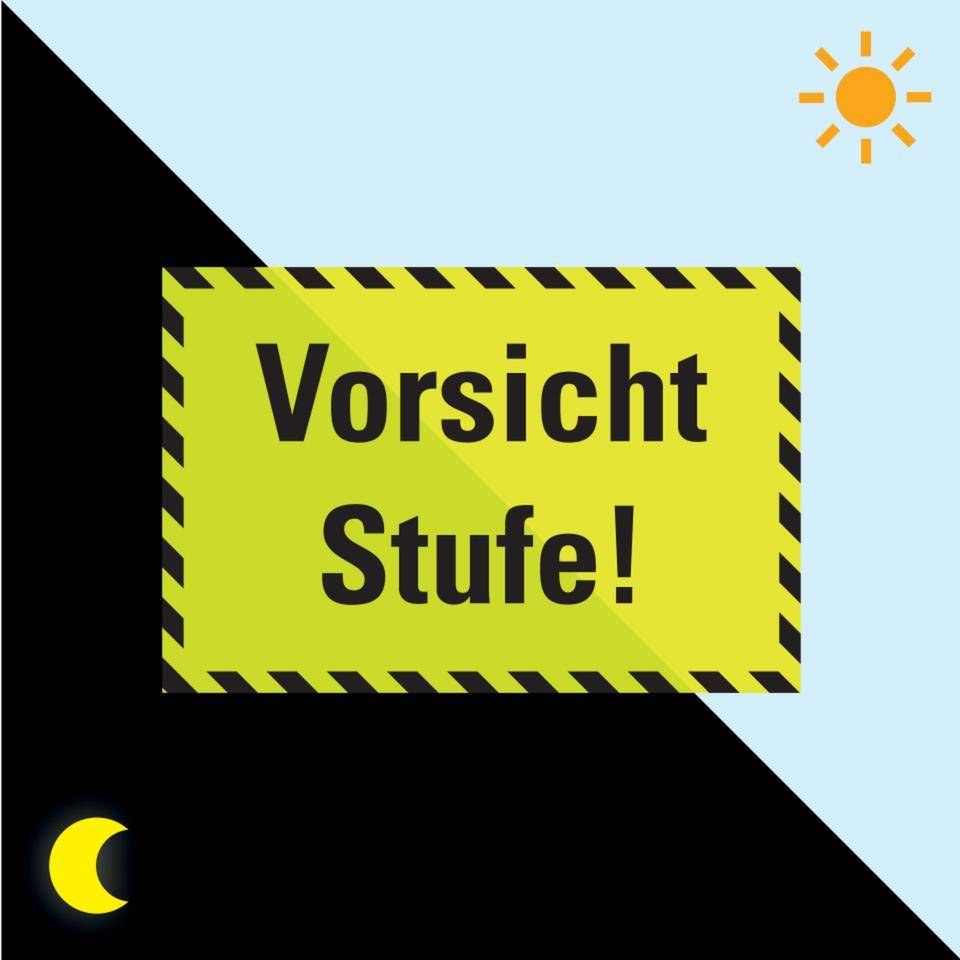 PERMALIGHT® power langnachleuchtend Türhinweisschild Vorsicht Stufe!, schraffiert, Kunststoff, 300x200mm