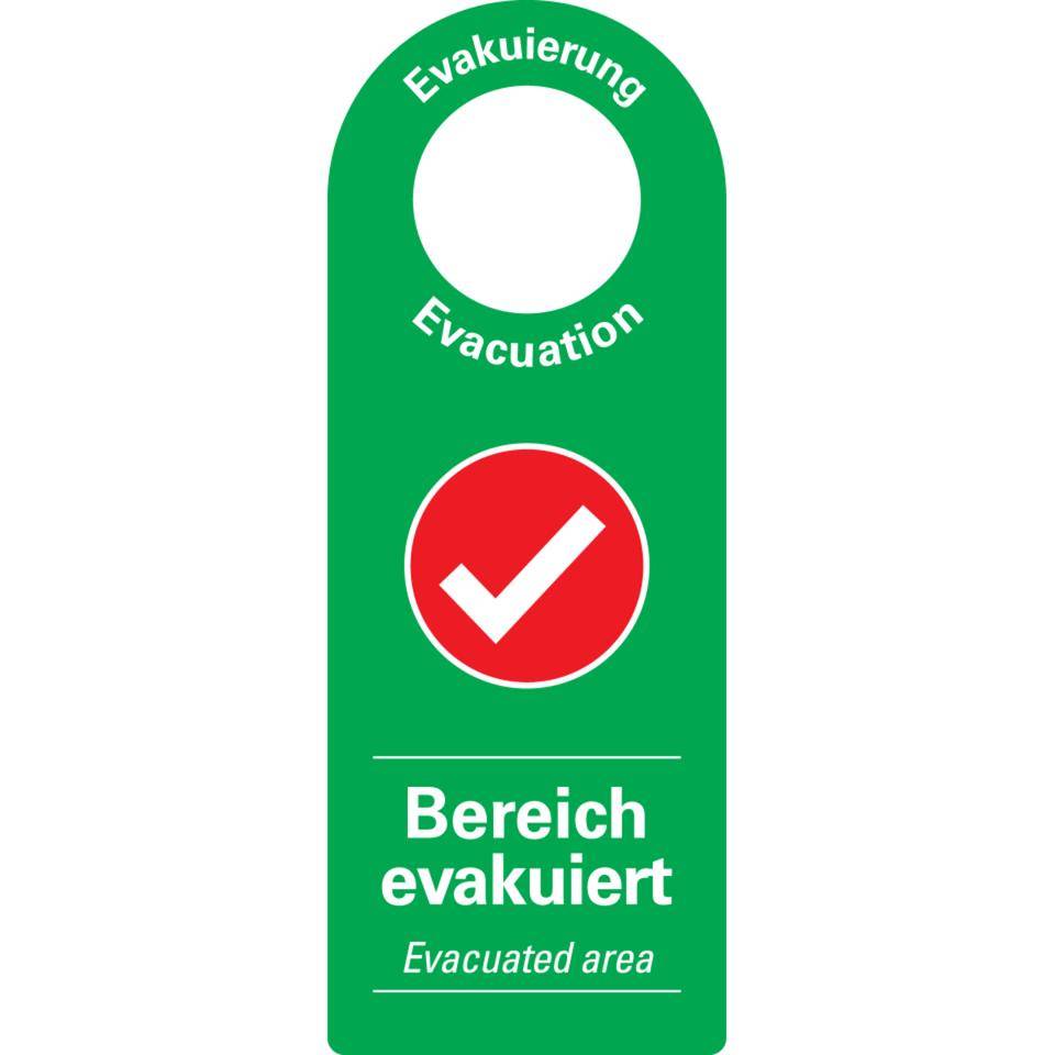 Türgriffanhänger Evakuierung Bereich evakuiert, grün, Kunststoff, 70x185mm, 10/VE