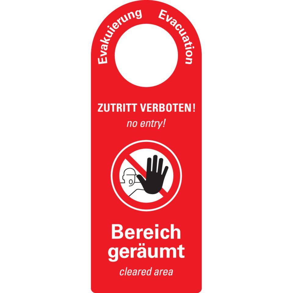 Türgriffanhänger Evakuierung Zutritt verboten, Bereich geräumt, rot, Kunststoff, 70x185mm, 10/VE