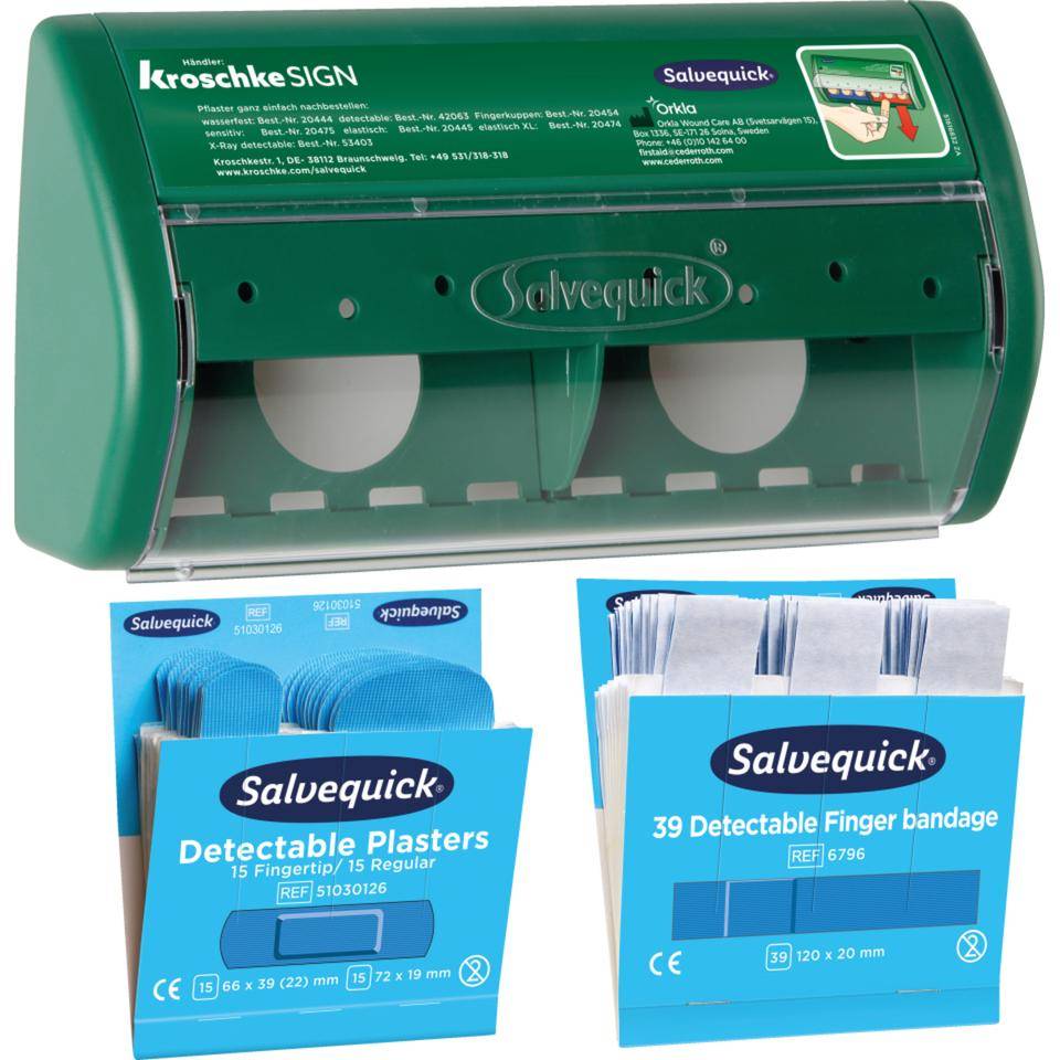 Vorteils-Set Salvequick® Pflasterspender, Wandbefestigung, detectable Fingerverband