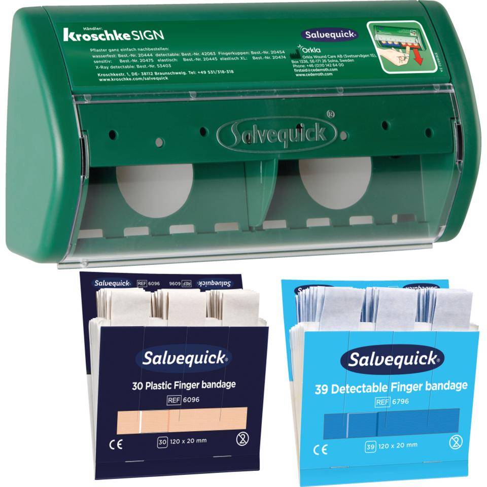 Vorteils-Set Salvequick® Pflasterspender, Wandbefestigung, wasserfest, detectable Fingerverband