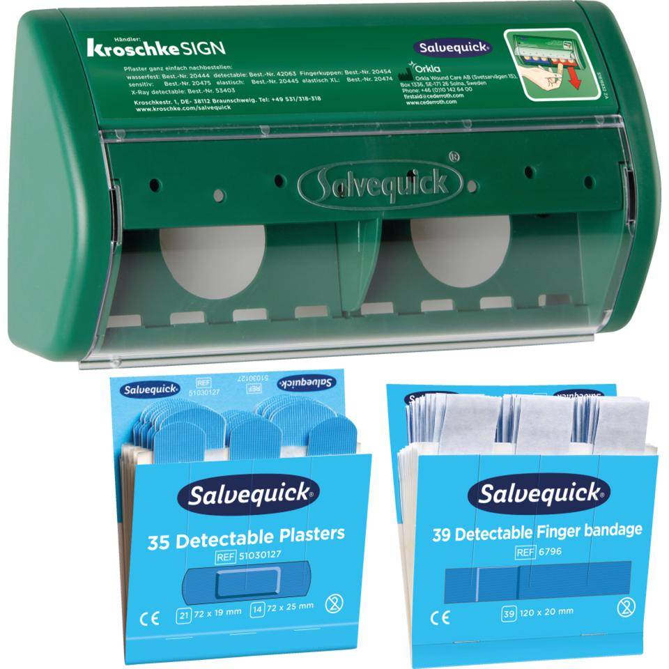 Vorteils-Set Salvequick® Pflasterspender, Wandbefestigung, detectable Pflaster