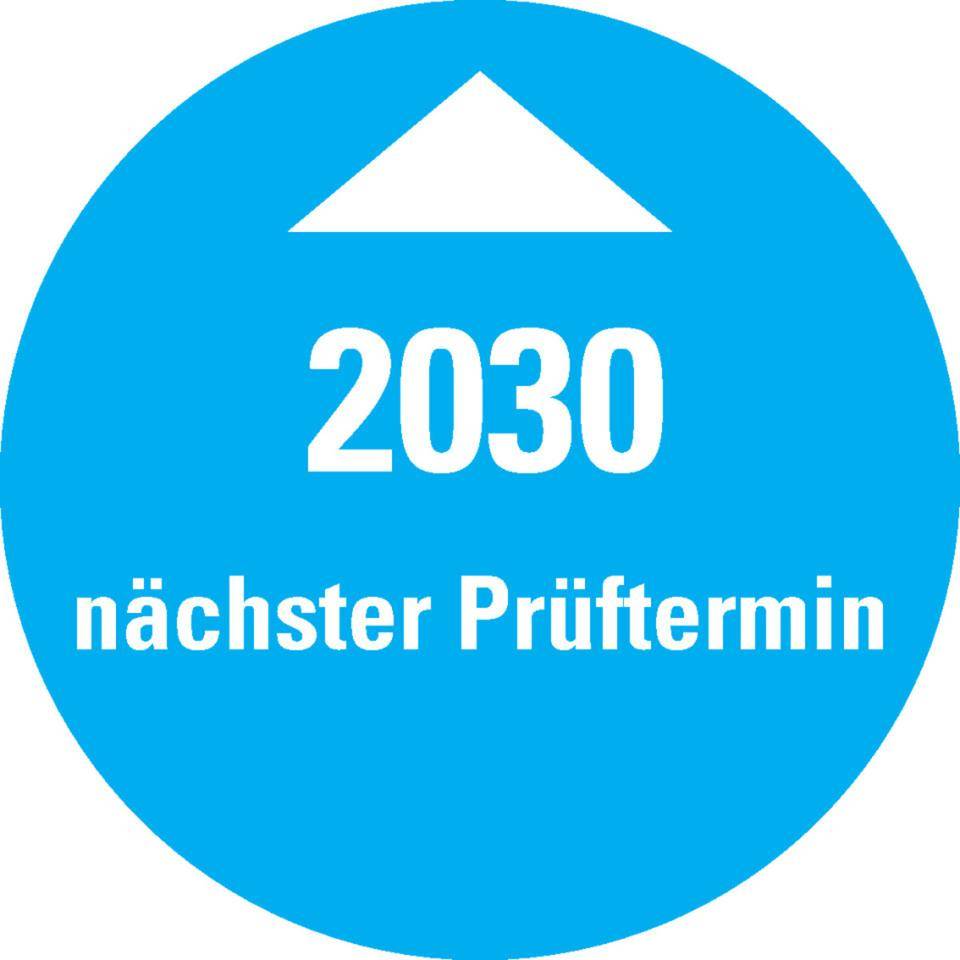 Systemprüfplakette nächster Prüftermin 2030, hellblau, Dokumentenfolie, Ø 30mm, 10/Bogen