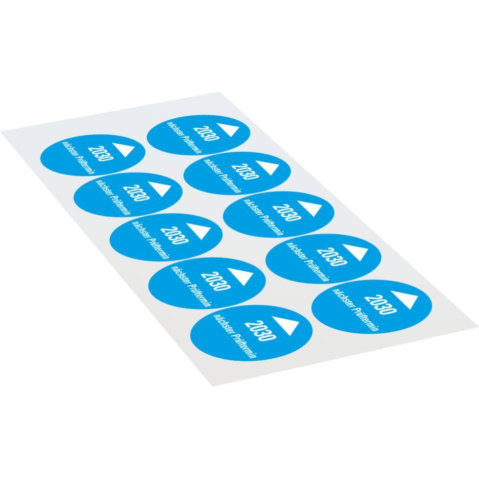 Systemprüfplakette nächster Prüftermin 2030, hellblau, Dokumentenfolie, Ø 30mm, 10/Bogen