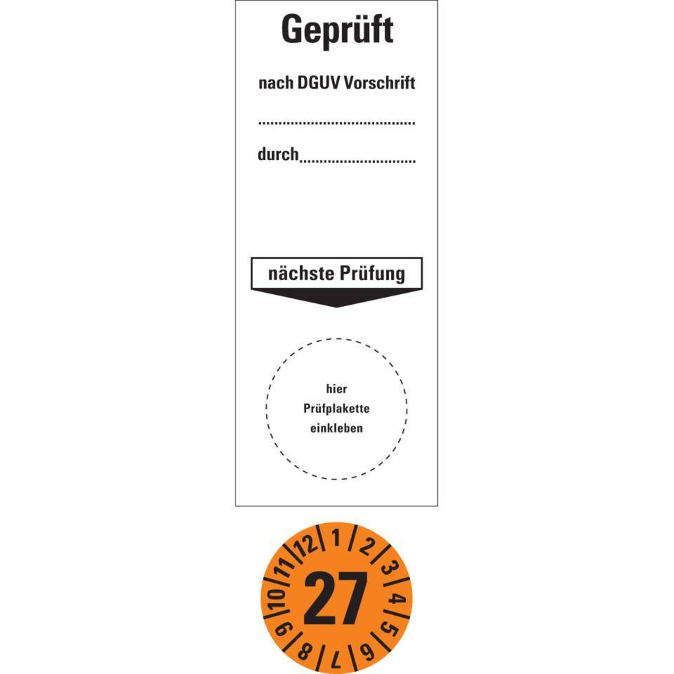 Sammelbogen Grundetikett Geprüft nach DGUV Vorschrift durch... Nächster Prüftermin 27, orange