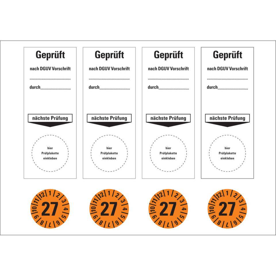 Sammelbogen Grundetikett Geprüft nach DGUV Vorschrift durch... Nächster Prüftermin 27, orange