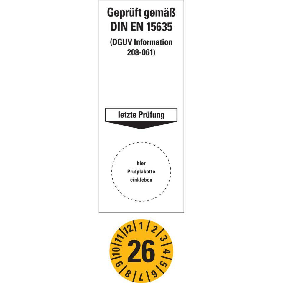 Sammelbogen Grundetikett Geprüft gemäß DIN EN 15635/DGUV 208-061, 26, gelb