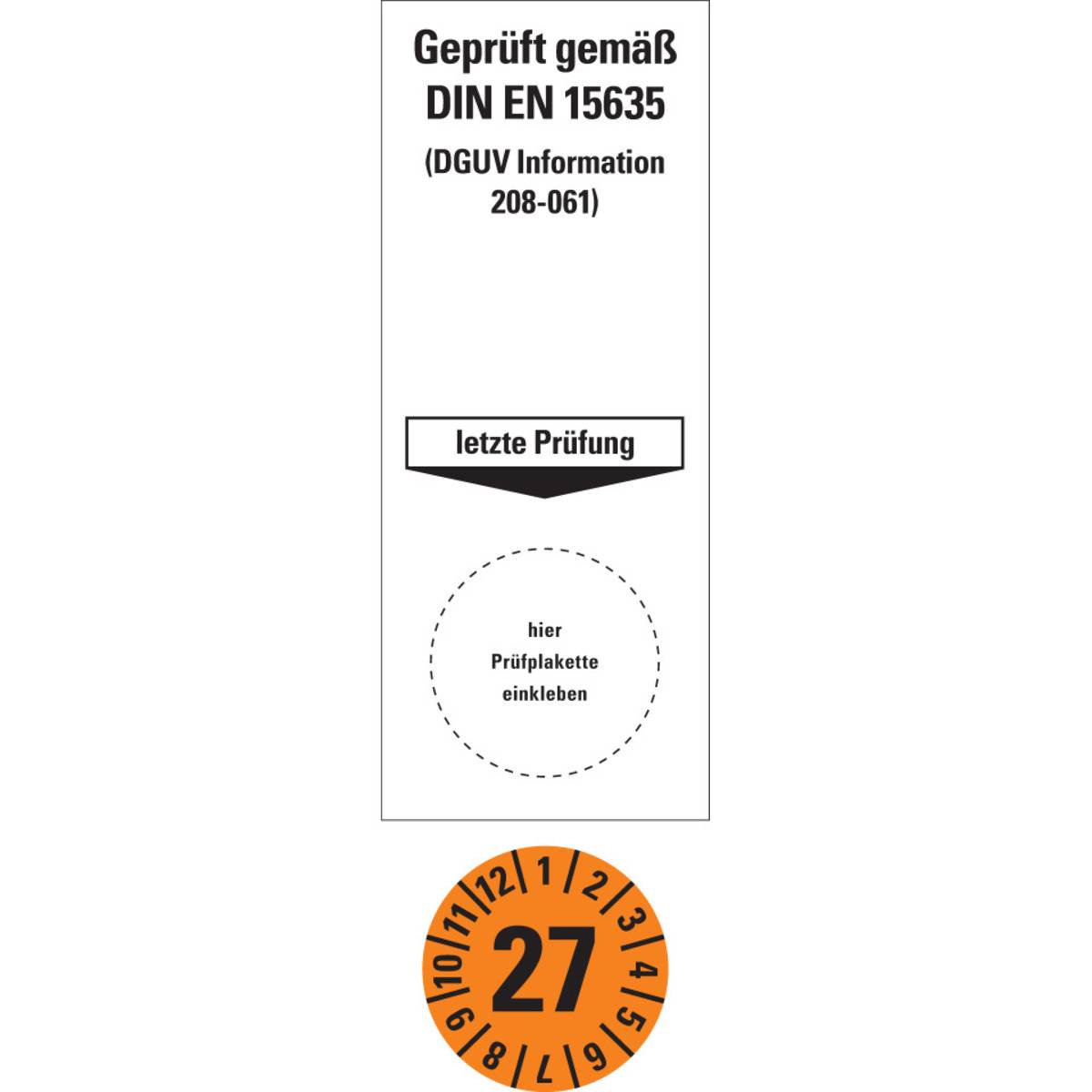 Sammelbogen Grundetikett Geprüft gemäß DIN EN 15635/DGUV 208-061,27,orange