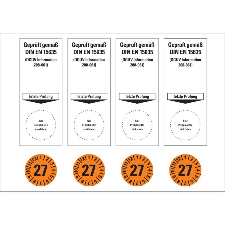 Sammelbogen Grundetikett Geprüft gemäß DIN EN 15635/DGUV 208-061, 27, orange