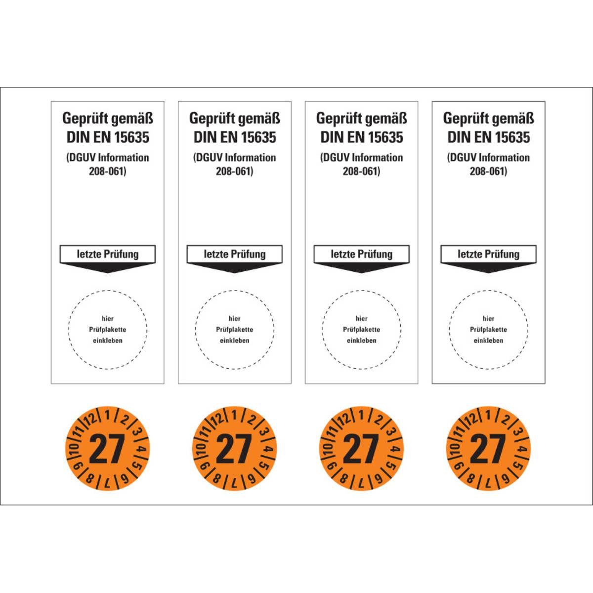 Sammelbogen Grundetikett Geprüft gemäß DIN EN 15635/DGUV 208-061,27,orange