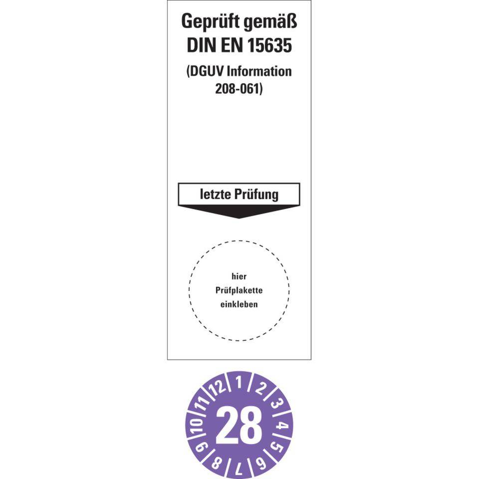 Sammelbogen Grundetikett Geprüft gemäß DIN EN 15635/DGUV 208-061, 28, violett
