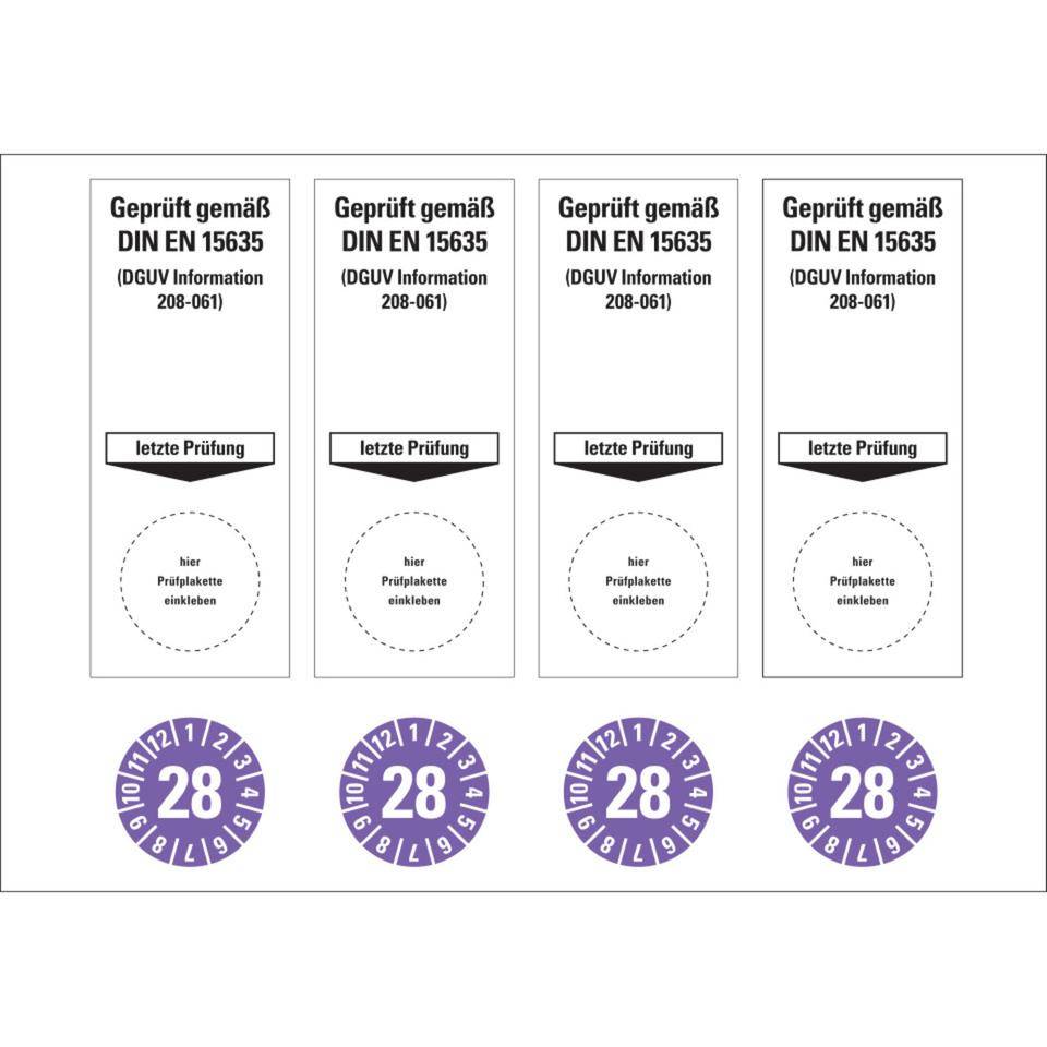 Sammelbogen Grundetikett Geprüft gemäß DIN EN 15635/DGUV 208-061, 28, violett