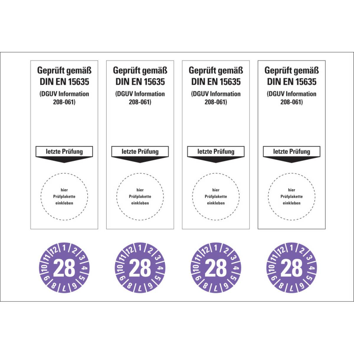 Sammelbogen Grundetikett Geprüft gemäß DIN EN 15635/DGUV 208-061,28,violett