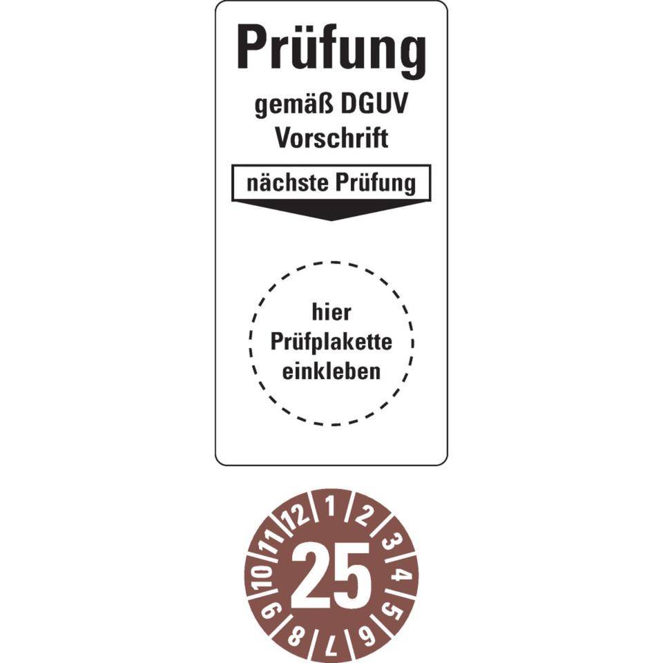 Sammelbogen Grundetikett Prüfung DGUV Vorschrift, Nächster Prüftermin 25, braun, Ø 15mm