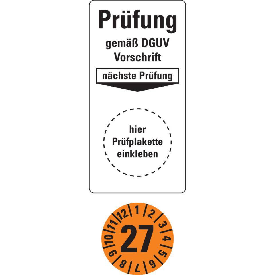 Sammelbogen Grundetikett Prüfung DGUV Vorschrift, Nächster Prüftermin 27, orange, Ø 15mm