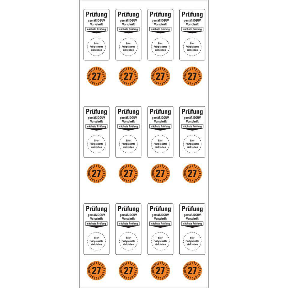 Sammelbogen Grundetikett Prüfung DGUV Vorschrift, Nächster Prüftermin 27, orange, Ø 15mm