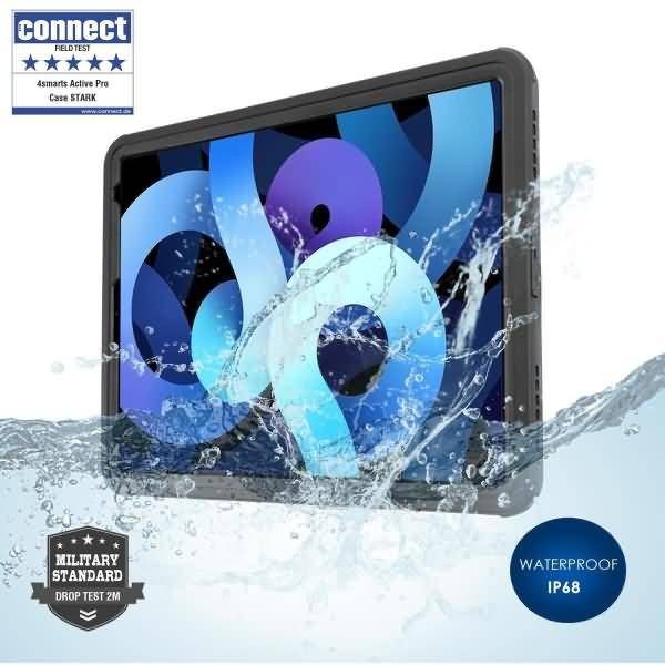 Tablet, das mit Wasser angezeigt wird, das darum spritzt, wobei „wasserdicht IP68