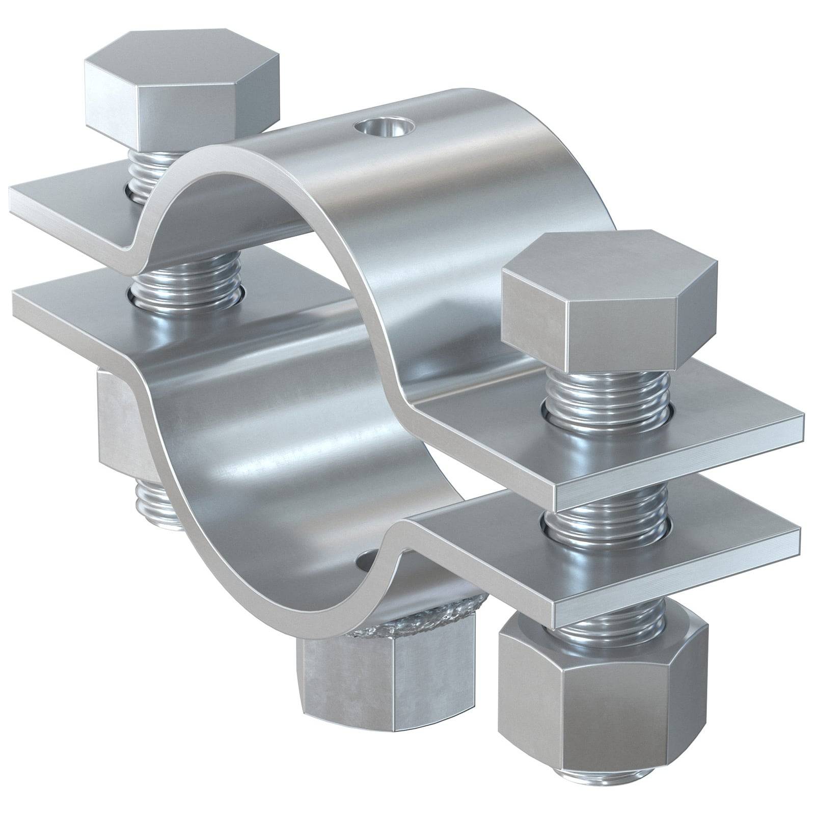 Rohrschelle aus Metall mit Sechskantschrauben und Muttern zur Befestigung von Rohrleitungen.