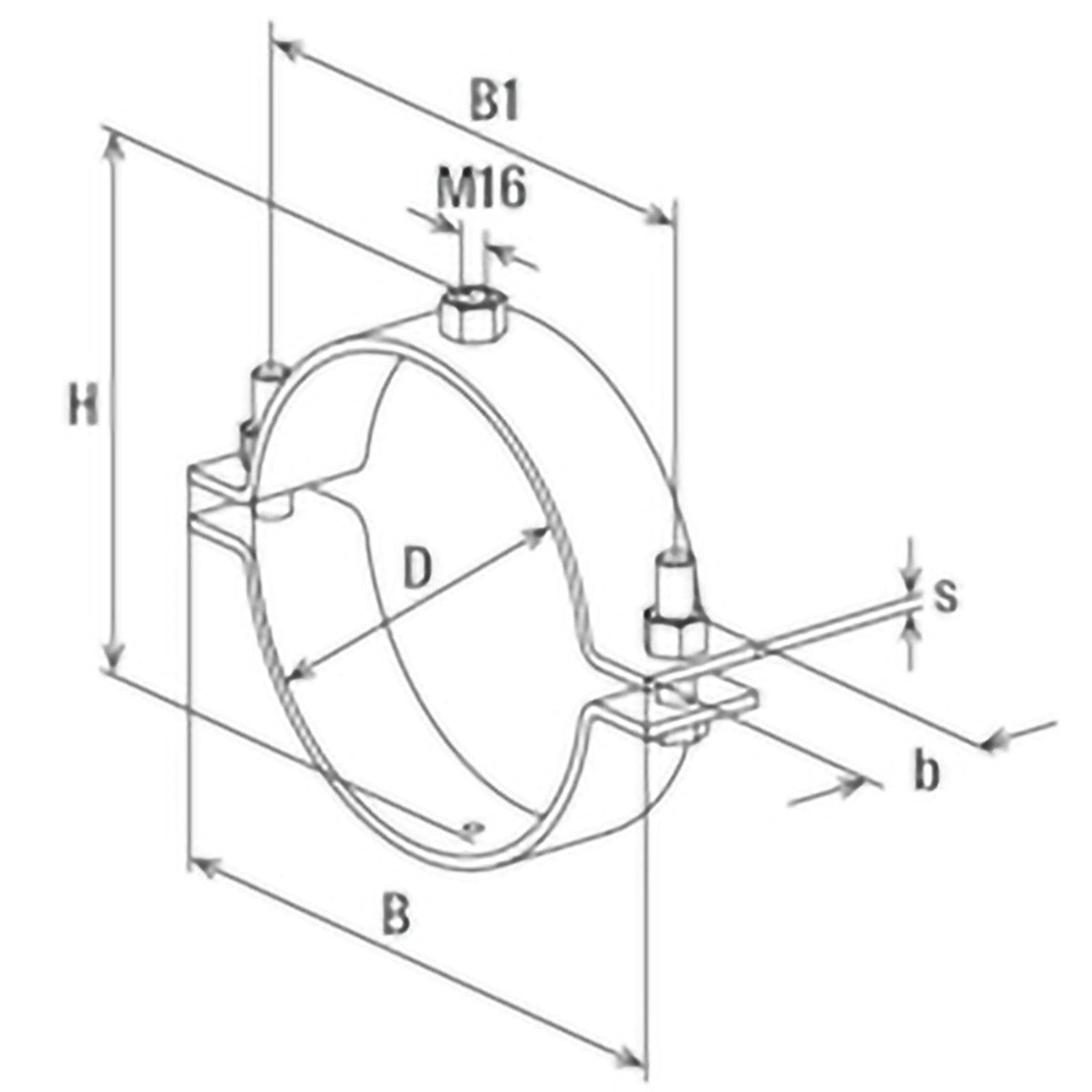 Technische Zeichnung einer Rohrklemme mit Abmessungen, die als B1, M16, D, B, H, s und b beschriftet sind und Komponentenspezifikationen darstellen.