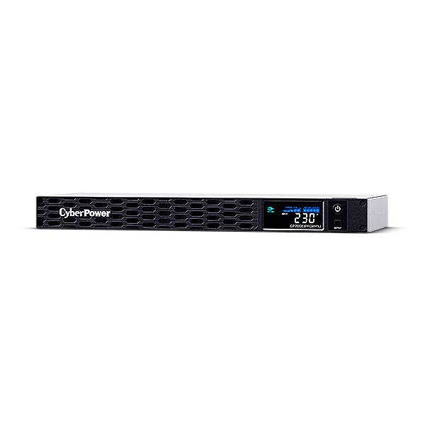 CyberPower Rack-UPS mit frontalem Display, das 230 Volt anzeigt und Stromschalter auf der rechten Seite.