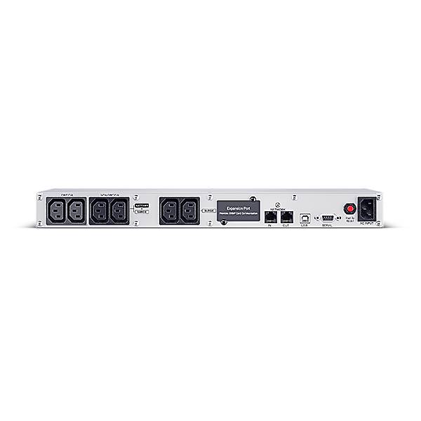 Frontplatte einer einbaubaren Stromverteilungseinheit mit digitalen Spannungs-/Stromanzeigezeigern, mehreren AC-Steckdosen, Ethernet-/USB-Anschlüssen und Stromschalter.