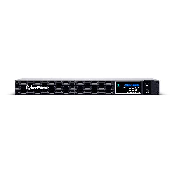 CyberPower-Rack-UPS-Frontblende mit digitalem Display, das 230 anzeigt, und Stromschalter auf schwarzem Hintergrund.