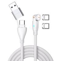 Aufgerolltes USB-Kabel mit USB-Typ-C-Stecker, zwei Magnetadaptern und einem Winkelstecker, entwickelt zum effizienten Laden von Geräten.
