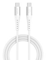 Weißes geflochtenes Ladekabel mit zwei USB-C-Anschlüssen, das aufgerollt auf einem einfachen Hintergrund gezeigt wird.