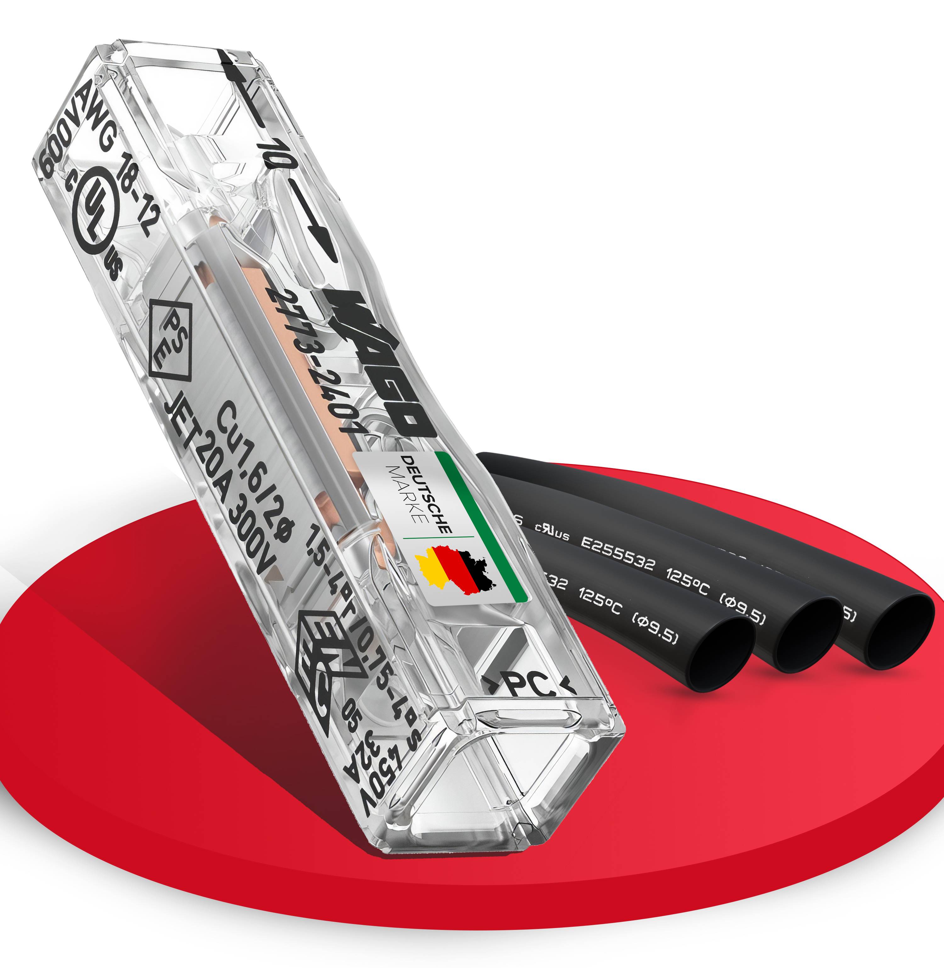 Ein transparenter elektrischer Anschluss mit der Aufschrift 