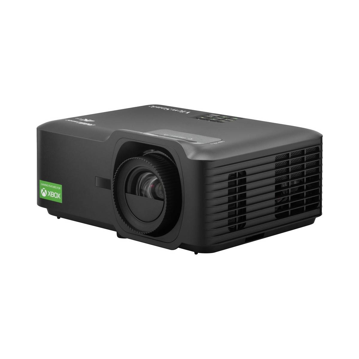 Ein schwarzer Projektor mit sichtbarem Objektiv und Lüftungsgittern, mit Xbox-Branding versehen, konzipiert zum Projizieren von Bildern oder Videoinhalten.
