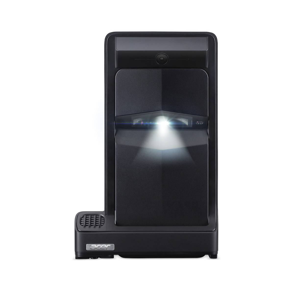 Ein schwarzer Acer-Projektor, der ein helles Licht nach vorne wirft, mit einem kompakten Design einschließlich einer Lüftungsöffnung auf der unteren linken Seite, geeignet für Präsentationen.