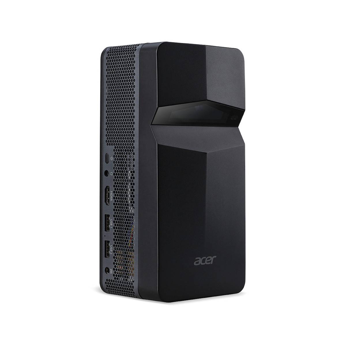 Ein kompakter, schwarzer Acer-Desktopcomputer mit mehreren Anschlüssen an der Seite, einschließlich USB und HDMI.