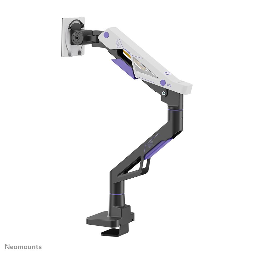 Einzelner Monitor-Armhalter in Schwarz, Weiß und Lila, dargestellt als an einer Wandplatte befestigt auf schlicht weißem Hintergrund.