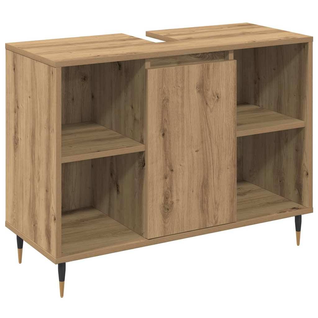 Heller Holzschrank mit einer zentralen Tür, die von offenen Regalen auf beiden Seiten flankiert wird, mit schlanken, zulaufenden Beinen.