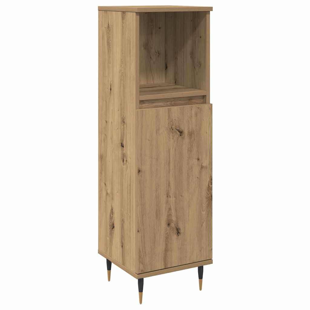 Hoher Holzschrank mit einer einzelnen Tür und offenem Regal, auf vier konischen Beinen stehend, geeignet für Lager- oder Ausstellungszwecke.