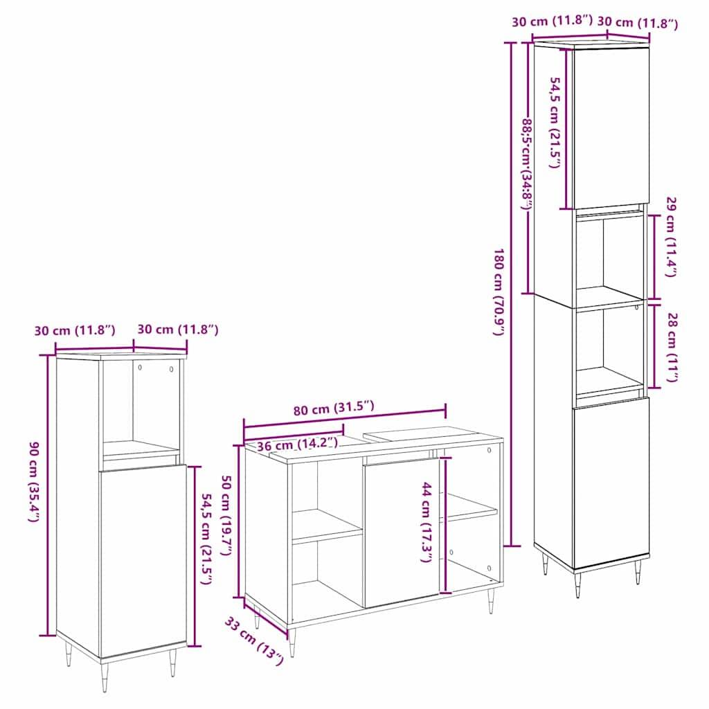 Hohe Holzschränke in drei Konfigurationen mit angegebenen Abmessungen in Zentimetern und Zoll. Höhen: 180 cm, 90 cm; Breiten: 80 cm, 30 cm.
