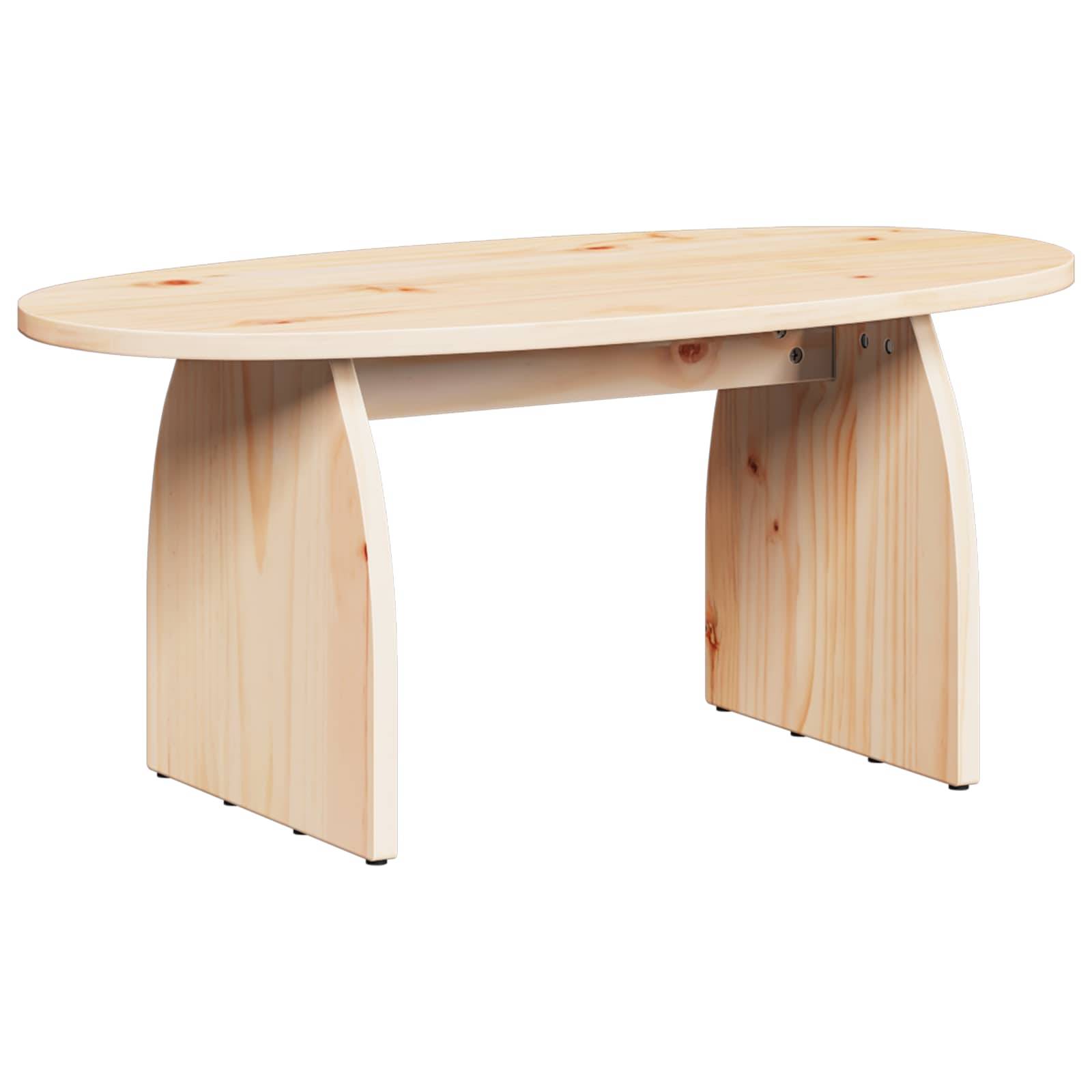 Ovaler Holztisch mit glatten Kanten und robusten geschwungenen Beinen. Hellhölzernes Material mit sichtbarer Maserung und Astlöchern. Geeignet für Mahlzeiten oder Besprechungen.