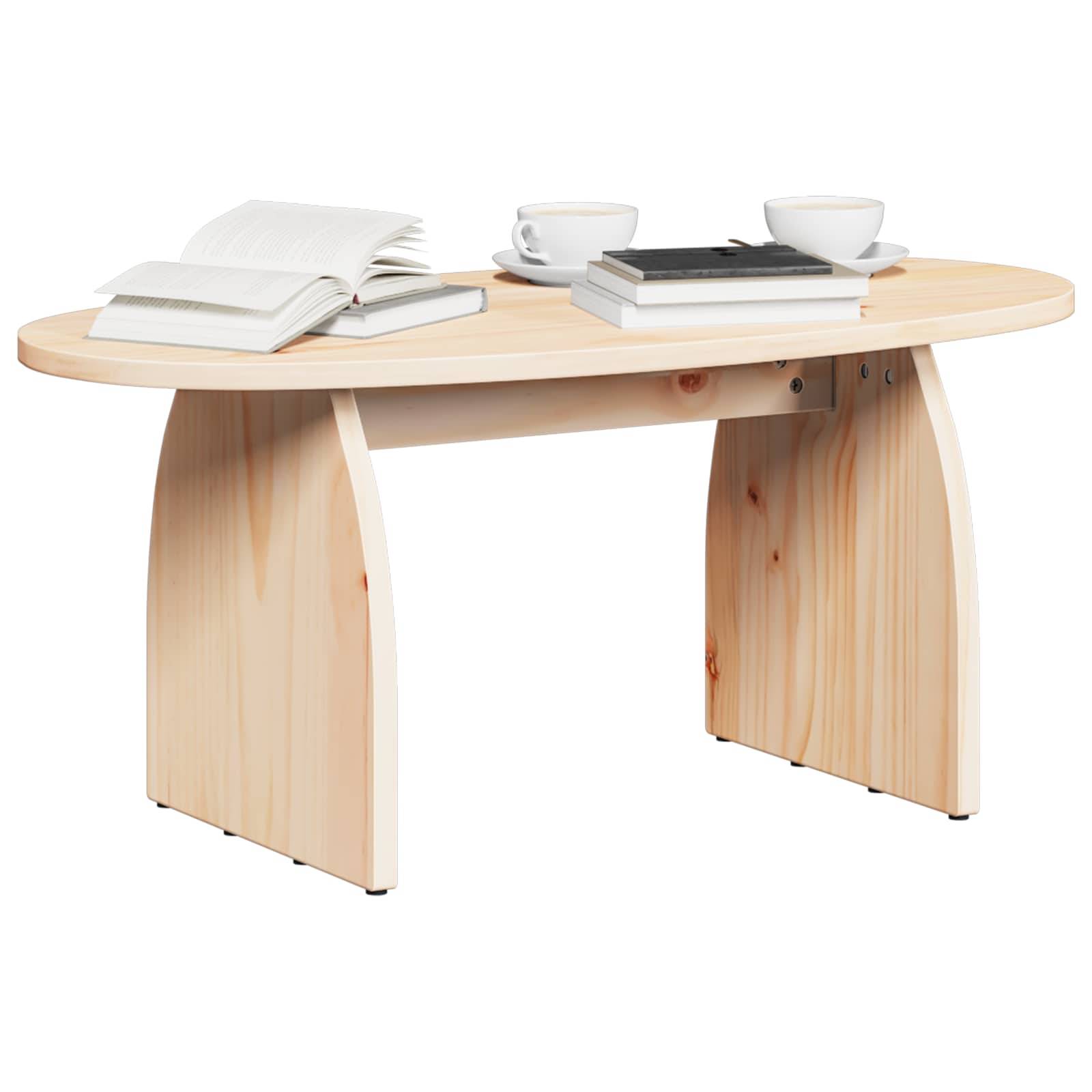 Ein ovaler Holz-Couchtisch mit zwei geschwungenen Beinen trägt zwei weiße Tassen, ein aufgeschlagenes Buch und ein geschlossenes Buch.