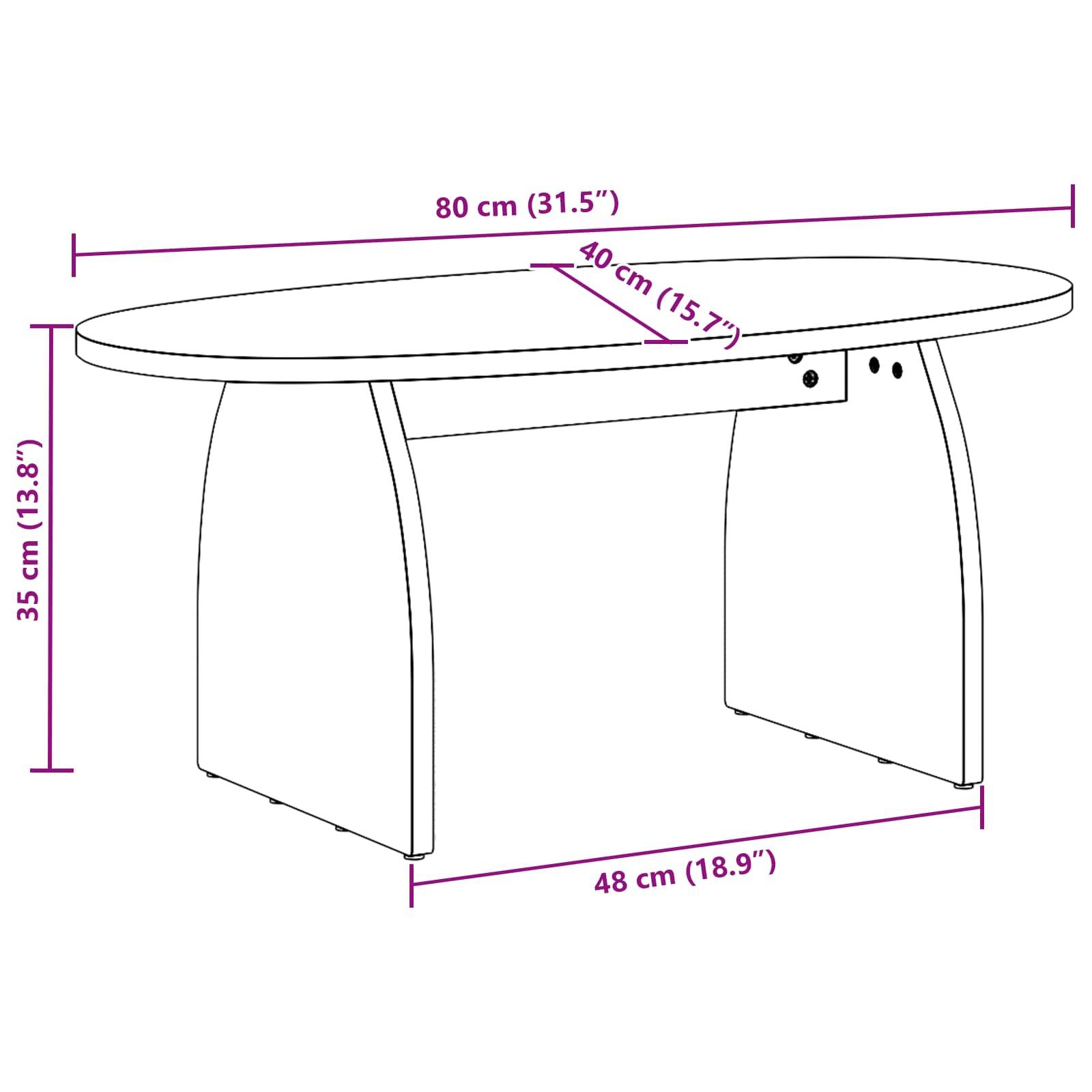 Ovaler Tisch Diagramm mit Abmessungen: Länge 80 cm (31,5