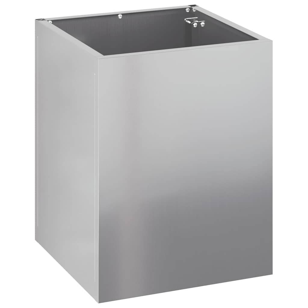 Ein Edelstahlbehälter in quadratischer Form mit offener Oberseite, platziert auf einem hellen Hintergrund.