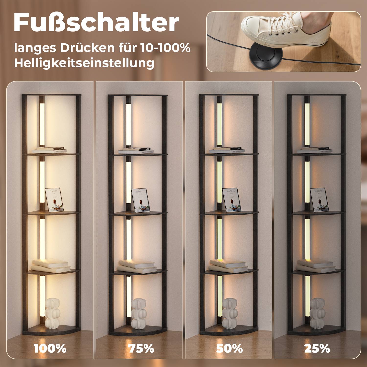 Stehlampe regal, Fächerförmige Regale Stehleuchte Leselampe Holz 4-Regal Dimmbare LED, 163cm Mit Fernbedienung Schwarz
