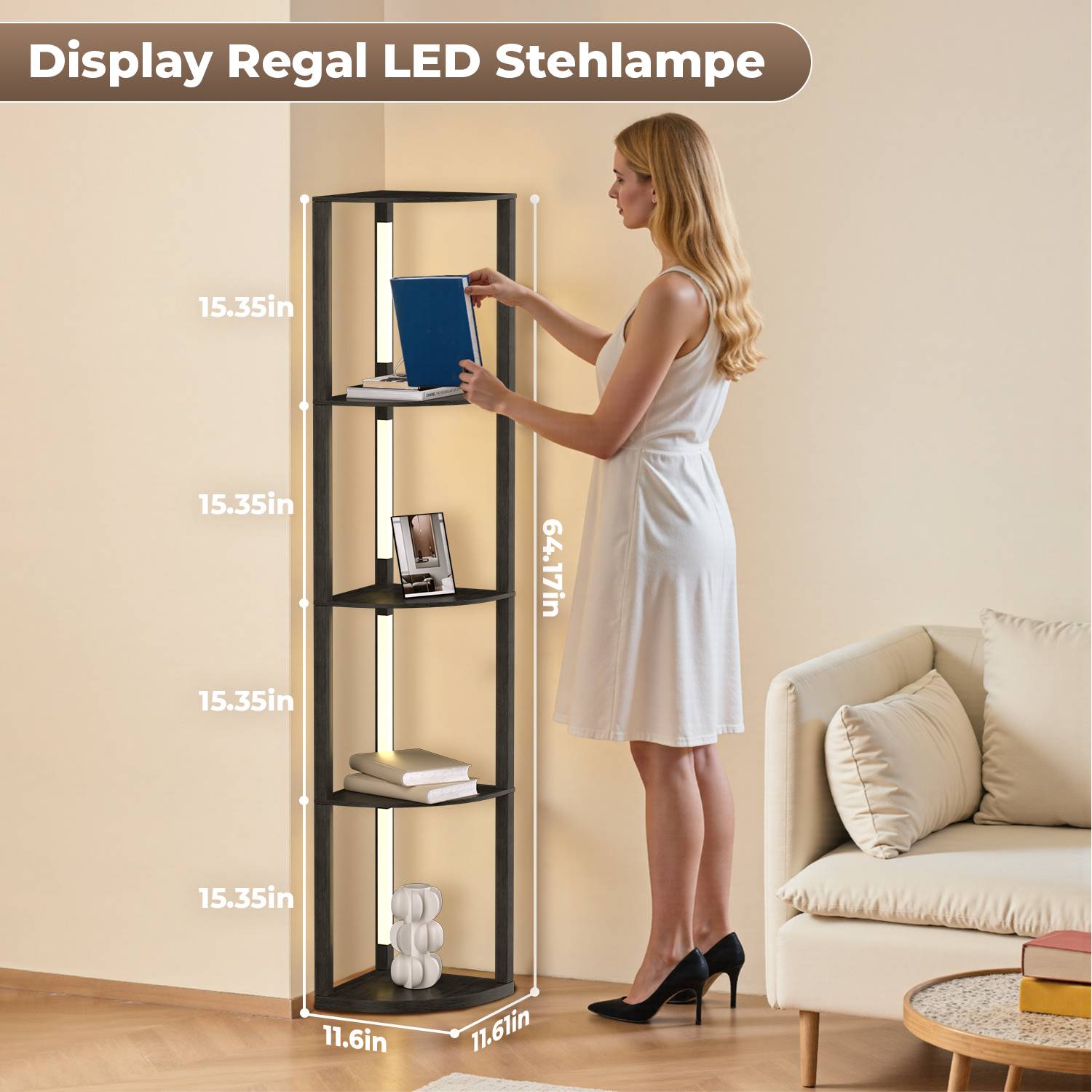 Stehlampe regal, Fächerförmige Regale Stehleuchte Leselampe Holz 4-Regal Dimmbare LED, 163cm Mit Fernbedienung Schwarz