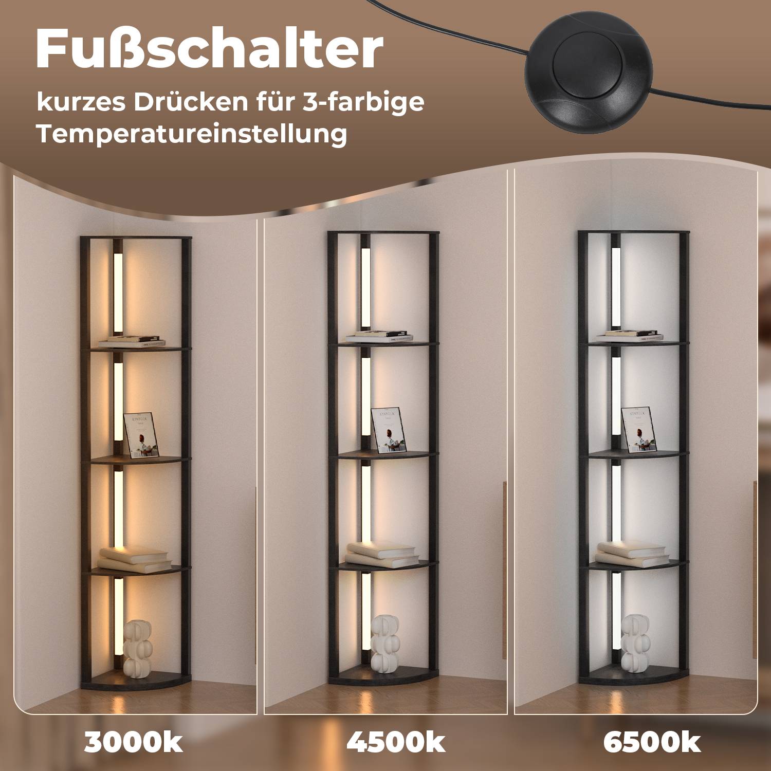Stehlampe regal, Fächerförmige Regale Stehleuchte Leselampe Holz 4-Regal Dimmbare LED, 163cm Mit Fernbedienung Schwarz