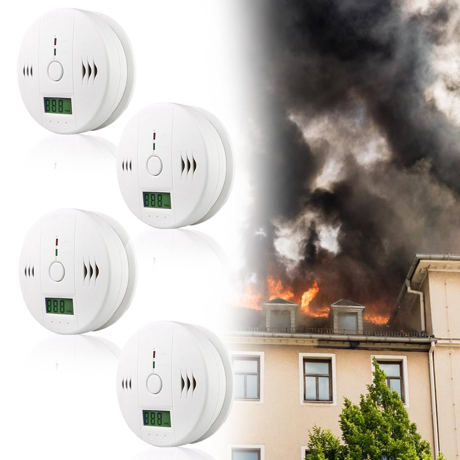 CO Alarm 4er Set weiß Feuermelder Kohlenmonoxid Detektor 85 dB LED Warnung
