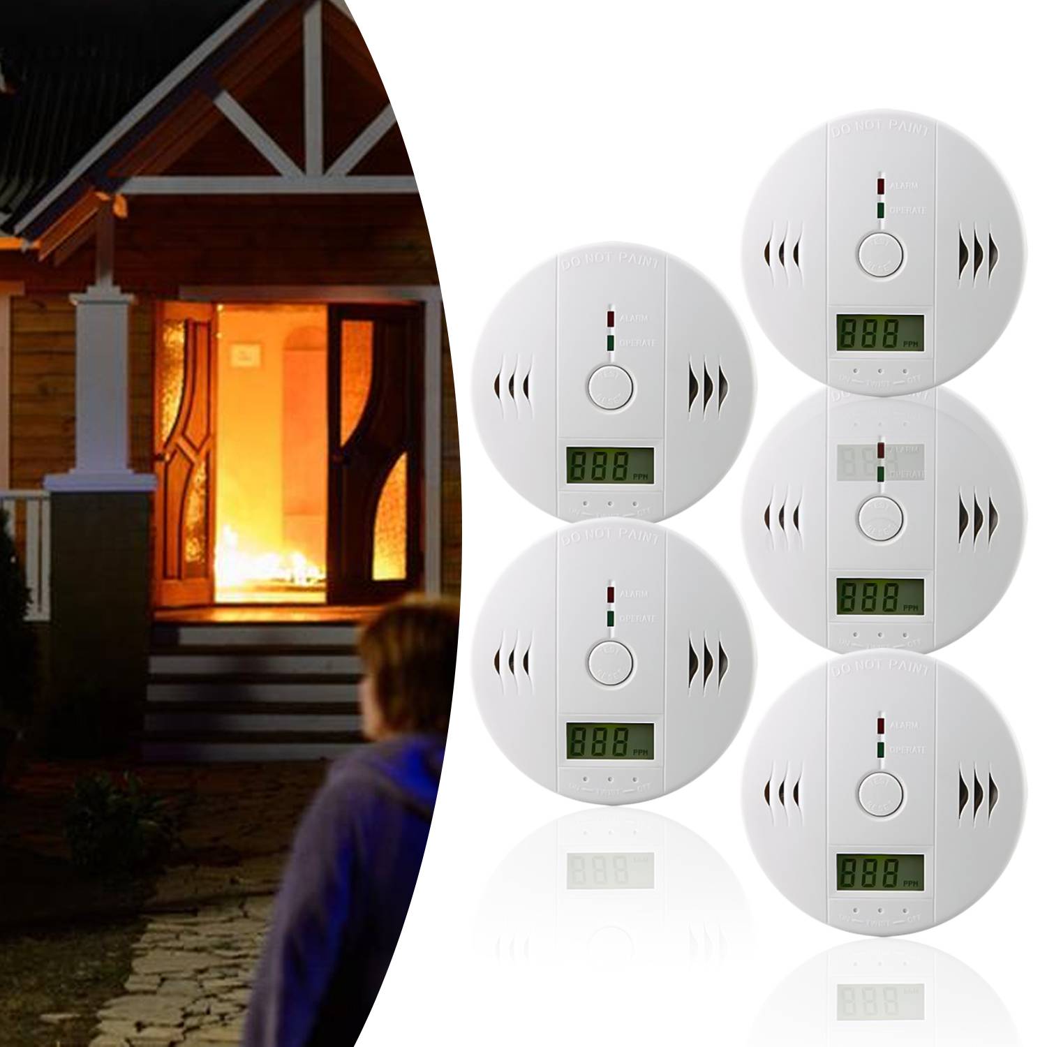 5x CO Melder weiß Komplettset Feuermelder für Kohlenmonoxid 85 dB mit LED