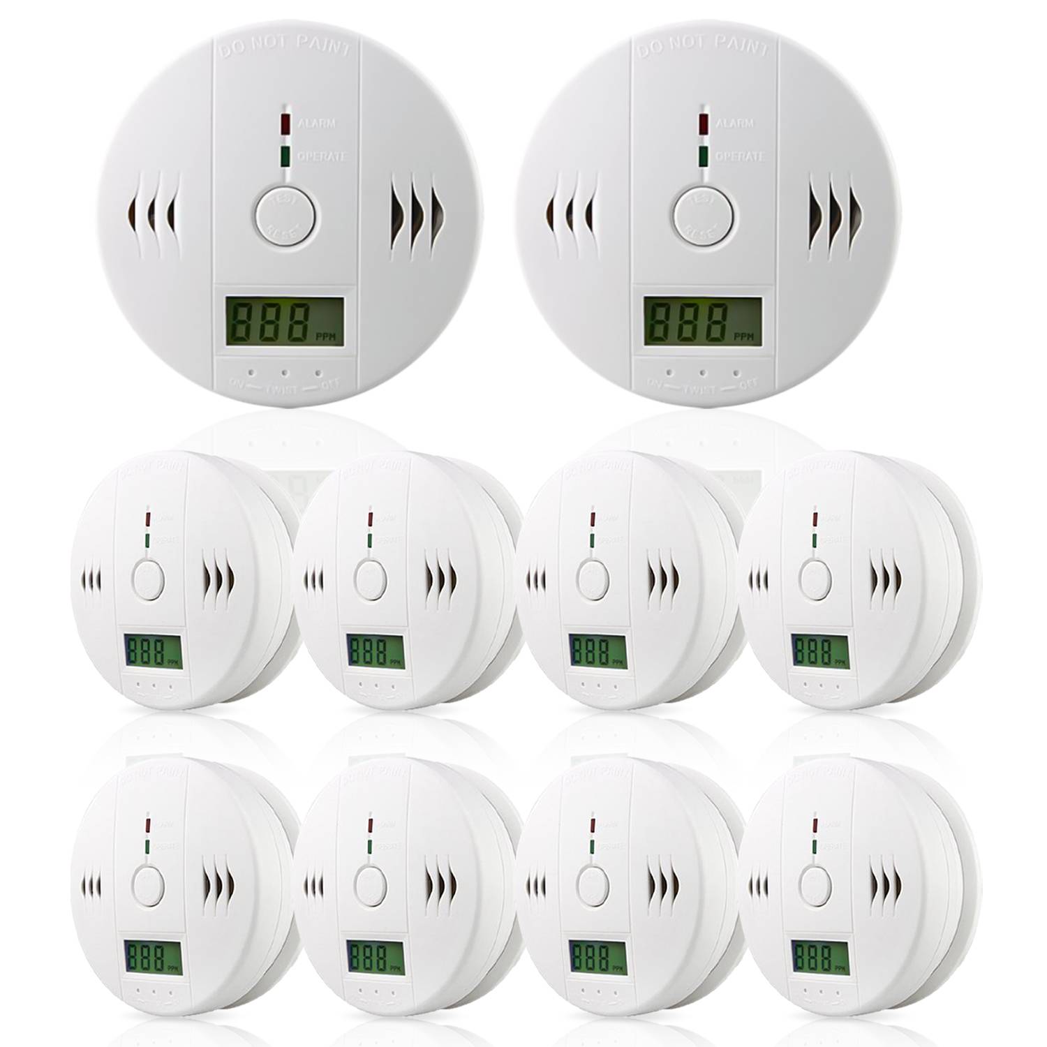CO Melder weiß 10er Pack Feuermelder Kohlenmonoxid Warnung 85 dB 10 Stück