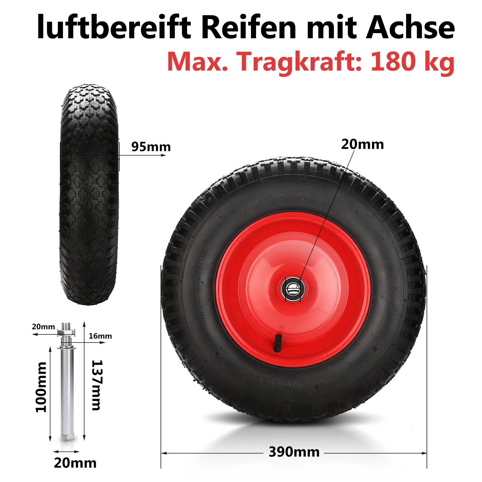 Pneumatisches Ersatzrad für Schubkarren, Karren und Gartenwagen - Langlebige Kunststofffelge, Größe 4.80 / 4.00 - 8, 200 kg Tragfähigkeit, einfach